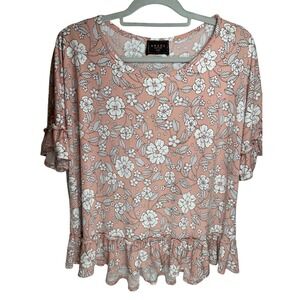 AMANA Petite Large Floral Flutter Sleeve Ruffle Hem Top Women's Pink White Cute